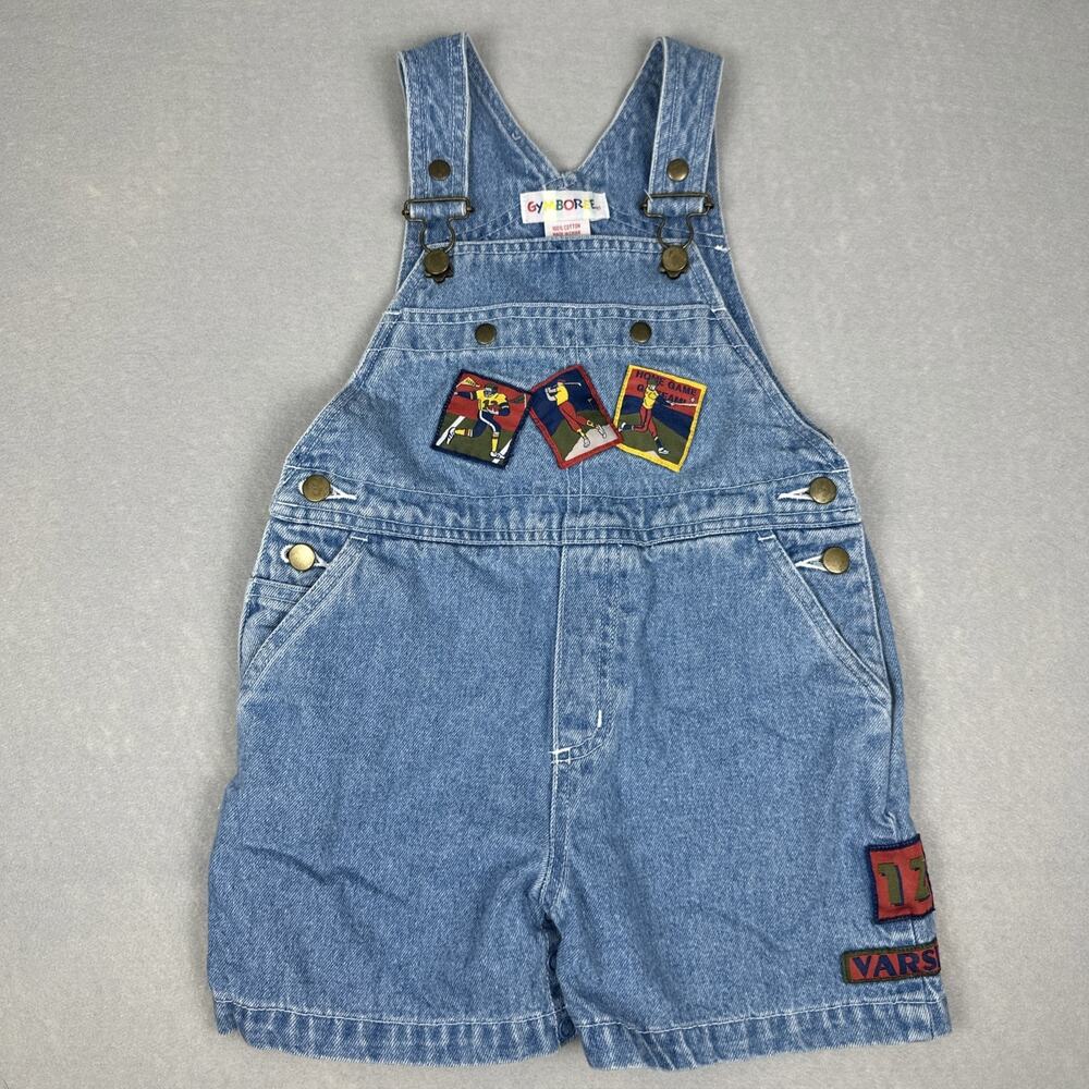 Vintage Gymboree Denim Golf Sport Patches Overall Shorts Size Small Rainbow Tag